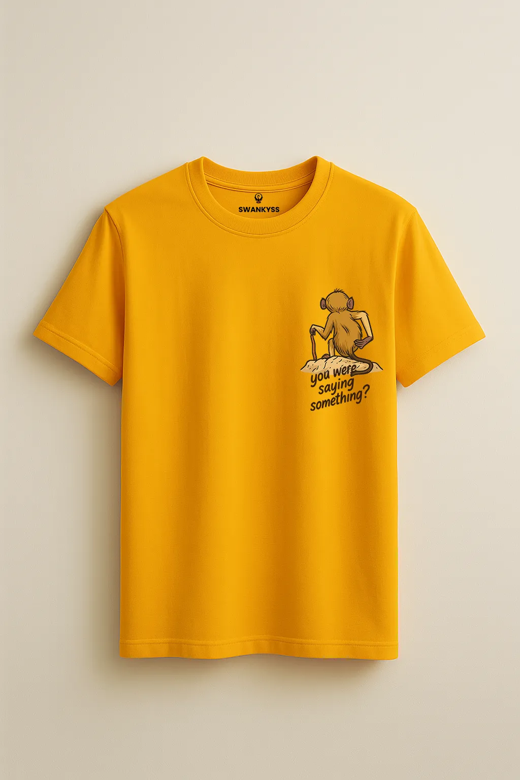 monkey_tshirt_under_1000kb Mustard yellow t-shirt with cartoon monkey and quote “You were saying something?” – unisex sarcastic graphic tee by Swankyss front view