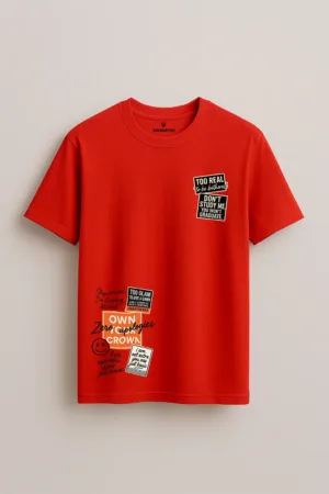 Red unisex t-shirt with multiple bold motivational quotes in black, white, and orange – sassy graphic tee by Swankyss promoting confidence and self-empowerment front view