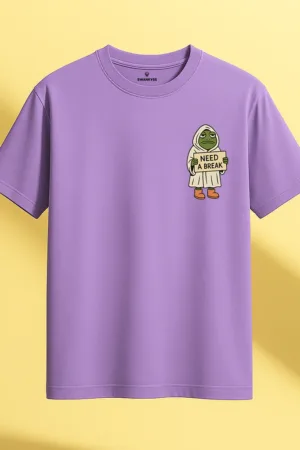 Lavender unisex t-shirt with sad frog holding “Need a Break” sign, humorous burnout and anxiety quote design by Swankyss front view