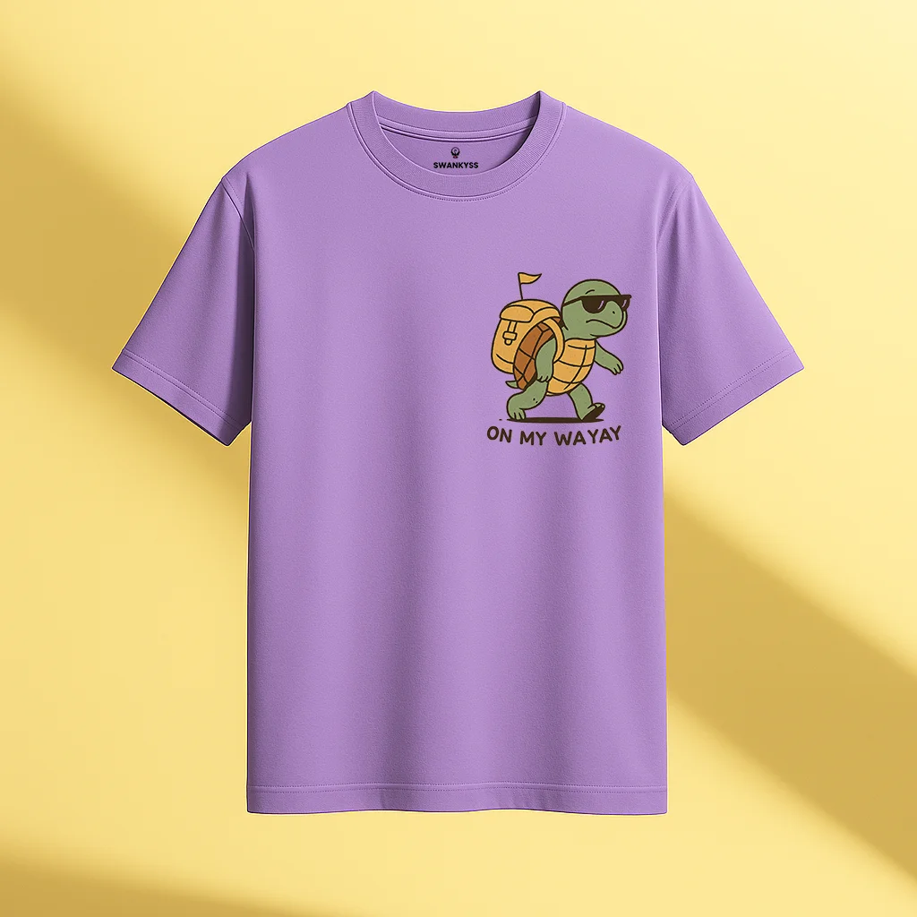 on_my_wayay_tshirt_under_1000kb Lavender unisex t-shirt with a cool cartoon turtle wearing sunglasses and a backpack, featuring the phrase “On My Wayay” – humorous and slow-paced graphic design by Swankyss front view