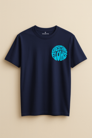 Navy blue t-shirt with “Everything Flows” retro typography in aqua blue, unisex 70s-style graphic tee front view