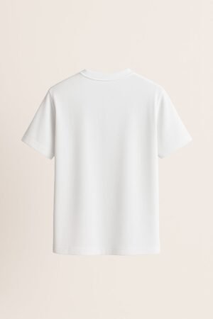 Unisex white cotton T-shirt with a vibrant cartoon tiger graphic near the bottom hem, colorful and playful DTF print with a regular fit and round neck back view