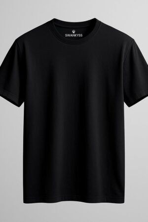 Unisex black cotton T-shirt with "Born to Shine (even if it’s late)" quote and cute sloth graphic printed in the center, casual round neck short sleeve design front view