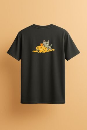 unisex t-shirt with vertical text “Monday Mourner” and coffee cup graphic on one side, and “Weekend Warrior” with a beer mug on the other back view