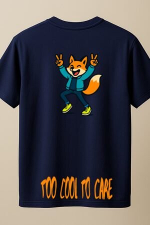Navy blue unisex t-shirt with a dancing cartoon fox throwing peace signs and the phrase “TOO COOL TO CARE” in bold orange lettering at the bottom back view