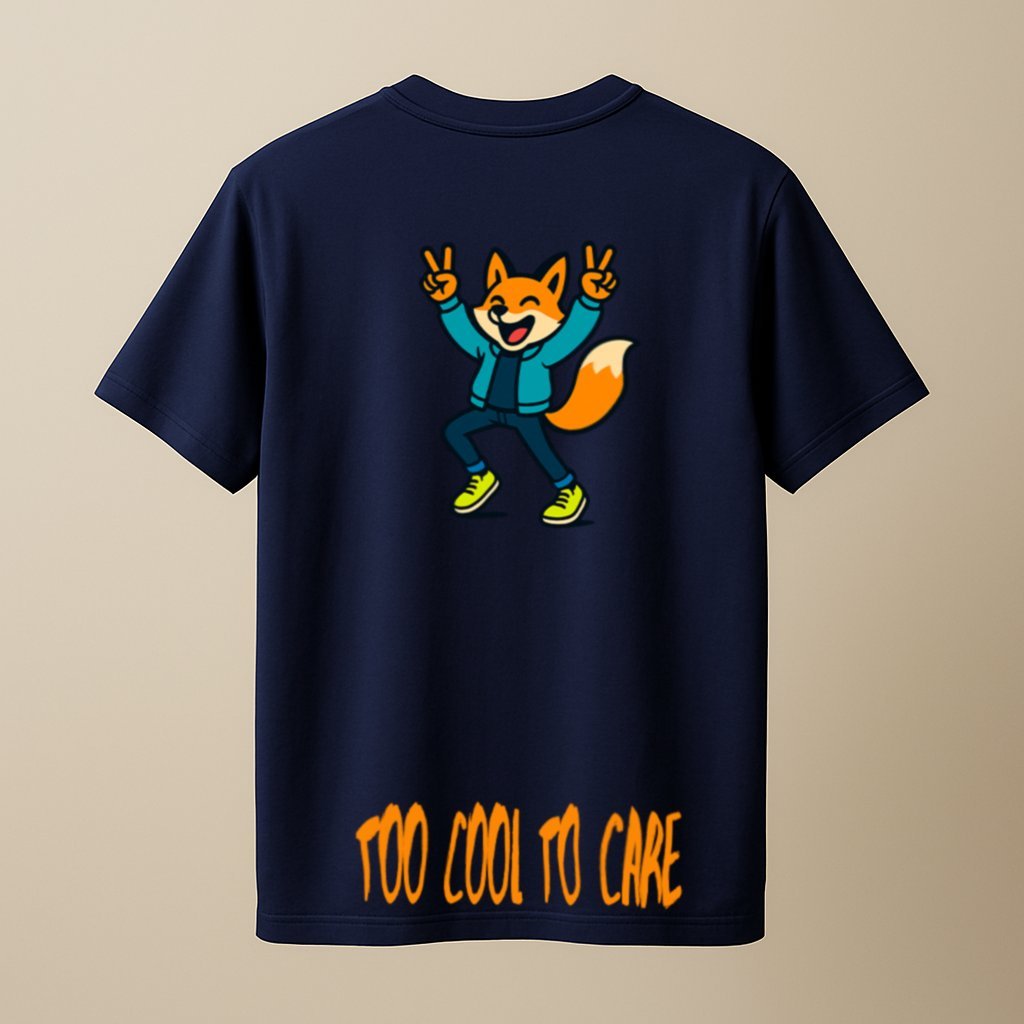 optimized_dancing_fox_tshirt Navy blue unisex t-shirt with a dancing cartoon fox throwing peace signs and the phrase “TOO COOL TO CARE” in bold orange lettering at the bottom back view