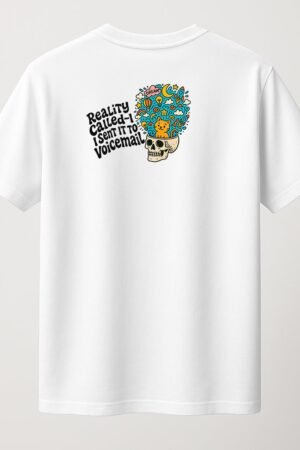 White unisex t-shirt with a minimalist black quote that reads "Dreams Over Reality" on the left chest area back view