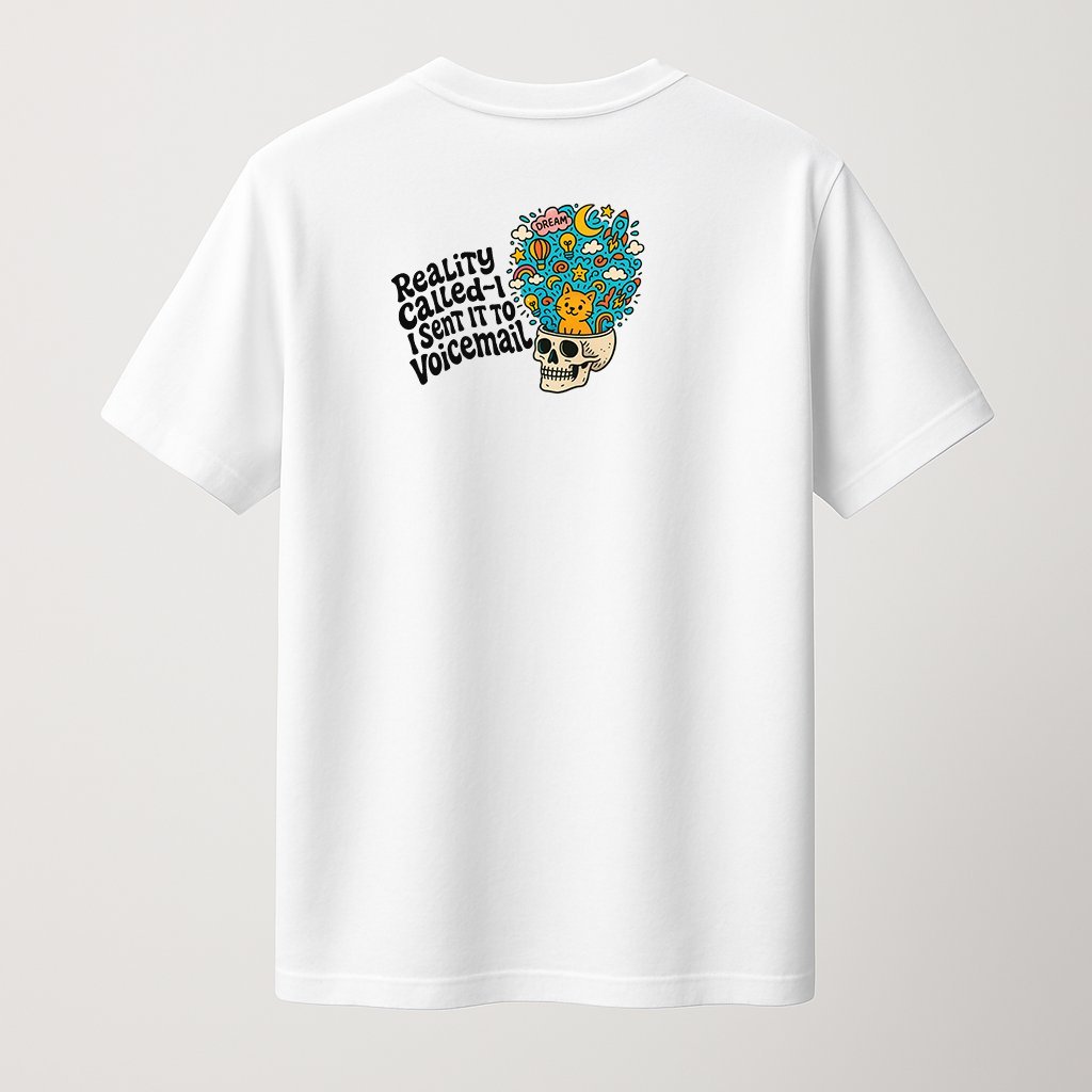 optimized_dream_cat_tshirt White unisex t-shirt with a minimalist black quote that reads "Dreams Over Reality" on the left chest area back view