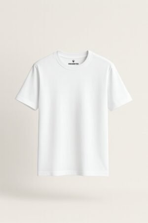 White unisex t-shirt featuring a cute cartoon fox surrounded by nature elements with the phrase “No Plan No Problem” in playful typography front view