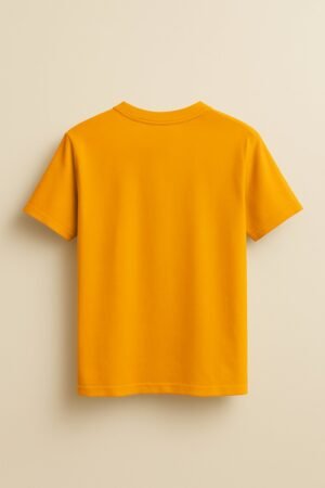 Mustard yellow t-shirt with abstract earth-tone art print featuring geometric shapes and natural elements, unisex fit back view