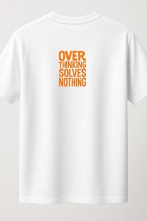 White t-shirt with cartoon brain holding anxious note and surrounded by stress symbols, funny mental health awareness design back view