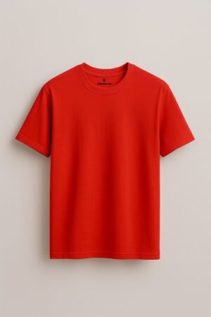 Bright red t-shirt with bold black typography that reads “No Risk No Story” in brush-style font on the back – motivational unisex tee by Swankyss front view