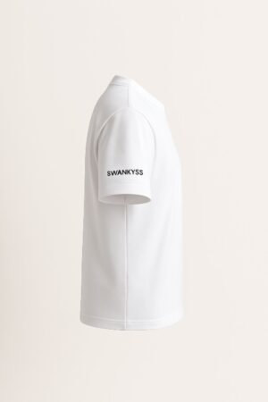 Unisex white cotton T-shirt with a vibrant cartoon tiger graphic near the bottom hem, colorful and playful DTF print with a regular fit and round neck right view