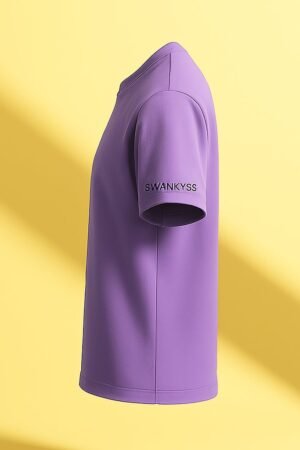 Lavender unisex t-shirt with sad frog holding “Need a Break” sign, humorous burnout and anxiety quote design by Swankyss side view