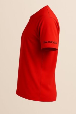 Unisex red cotton T-shirt with a front graphic of a happy squirrel holding chai and the quote "Cutting Chai Energy", round neck and short sleeves casual fit left side view