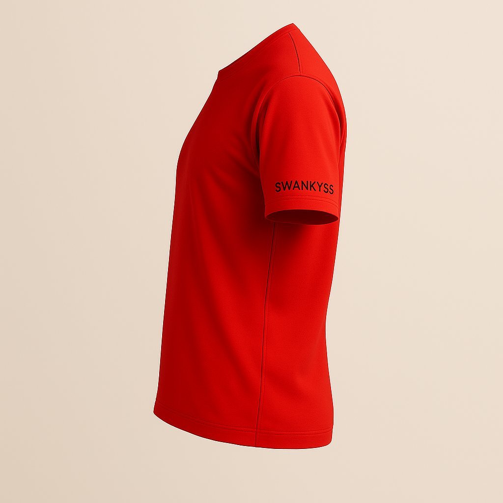 optimized_swankyss_sideview_red2_tshirt_image Unisex red cotton T-shirt with a front graphic of a happy squirrel holding chai and the quote "Cutting Chai Energy", round neck and short sleeves casual fit left side view