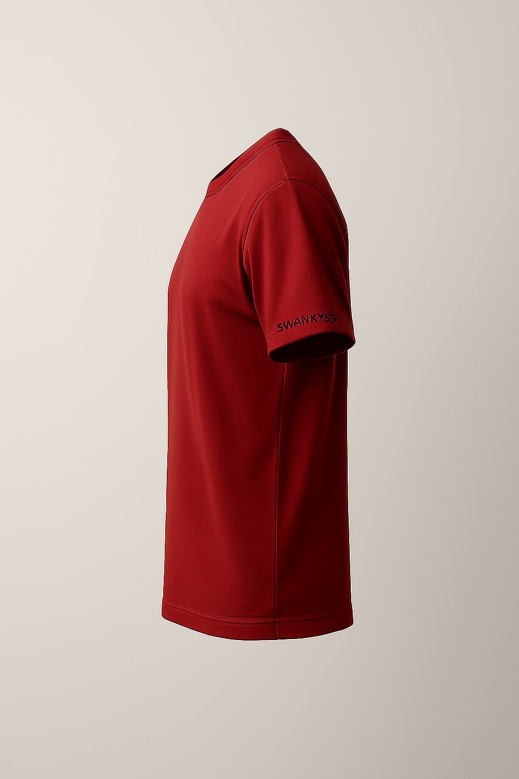 optimized_swankyss_sideview_red_tshirt_image Maroon unisex t-shirt with a funny “Burnt Out But Still Glowing” quote and melting candle cartoon graphic – relatable burnout humor tee by Swankyss left side view