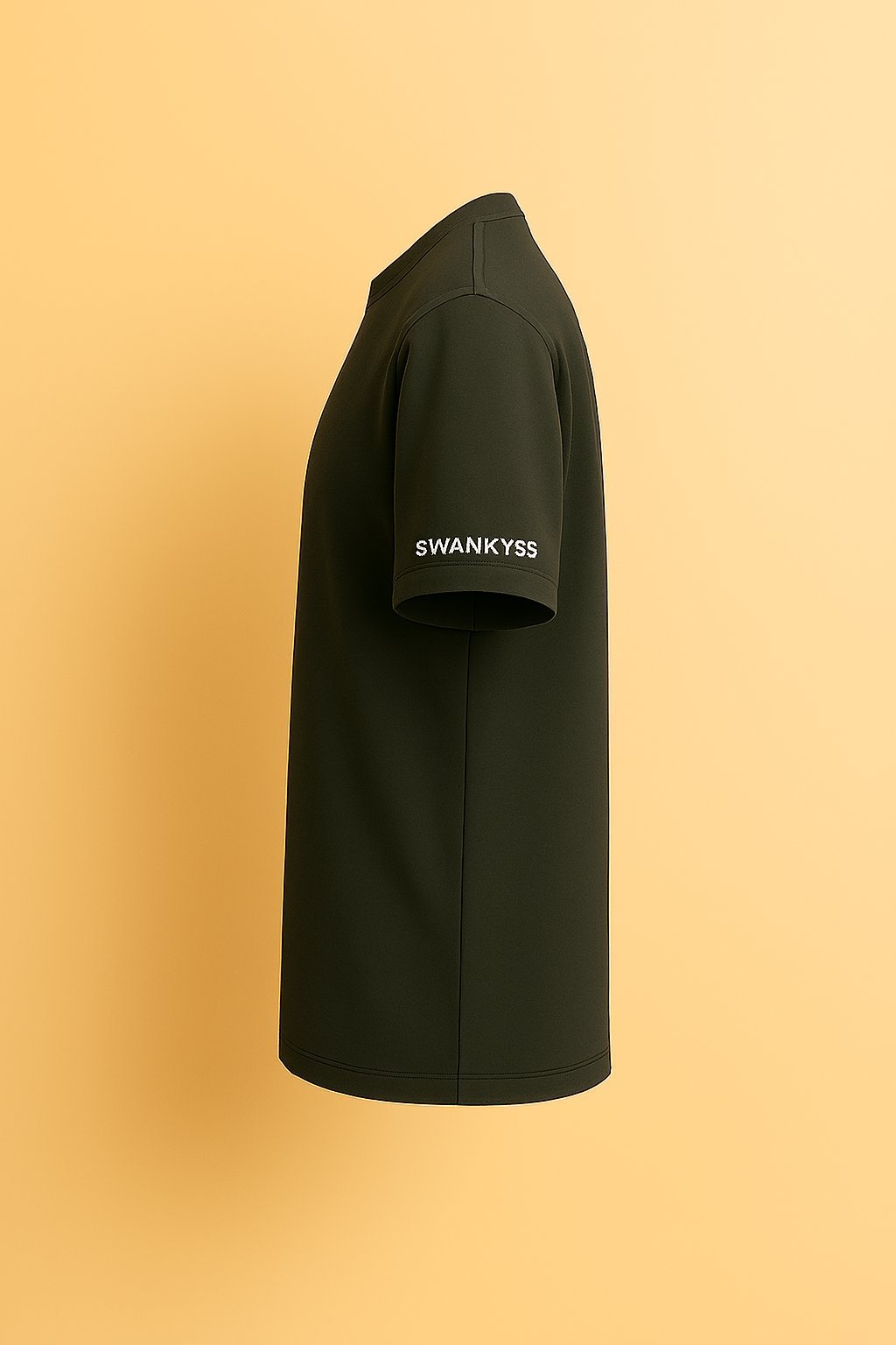 optimized_swankyss_sideview_tshirt_image Dark green unisex t-shirt with the phrase “Own Every Awkward Moment” and a cartoon cat wearing sunglasses making rock signs and sticking out its tongue left side view