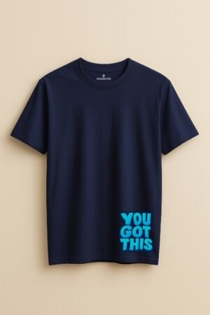 Navy blue unisex t-shirt with “You Got This” bold blue text at hem – motivational quote shirt by Swankyss front view