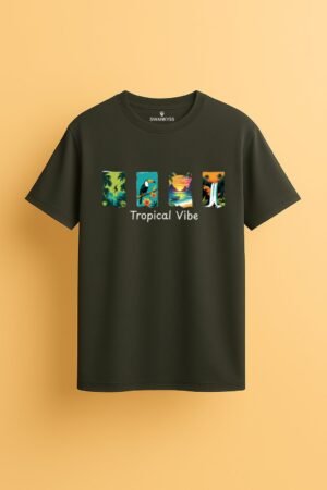 antra mélange unisex t-shirt with four colorful tropical panels showing toucans, beaches, palm trees, and a waterfall, along with the text “Tropical Vibe.”
