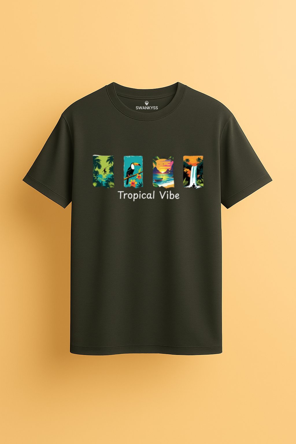 optimized_tropical_vibe_tshirt_image antra mélange unisex t-shirt with four colorful tropical panels showing toucans, beaches, palm trees, and a waterfall, along with the text “Tropical Vibe.”