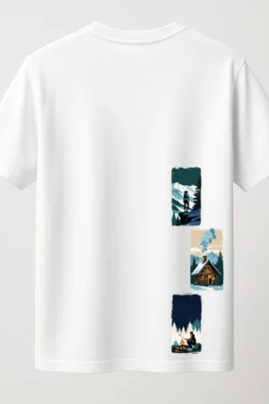 Unisex white cotton T-shirt with vertical text print reading "ADVENTURE AWAITS" along the left hem, minimalist design with round neck and short sleeves back view