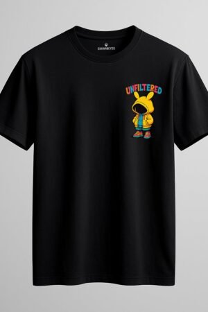 Black t-shirt with colorful “UNFILTERED” text and cartoon hoodie character with bunny ears – bold urban streetwear design by Swankyss front view