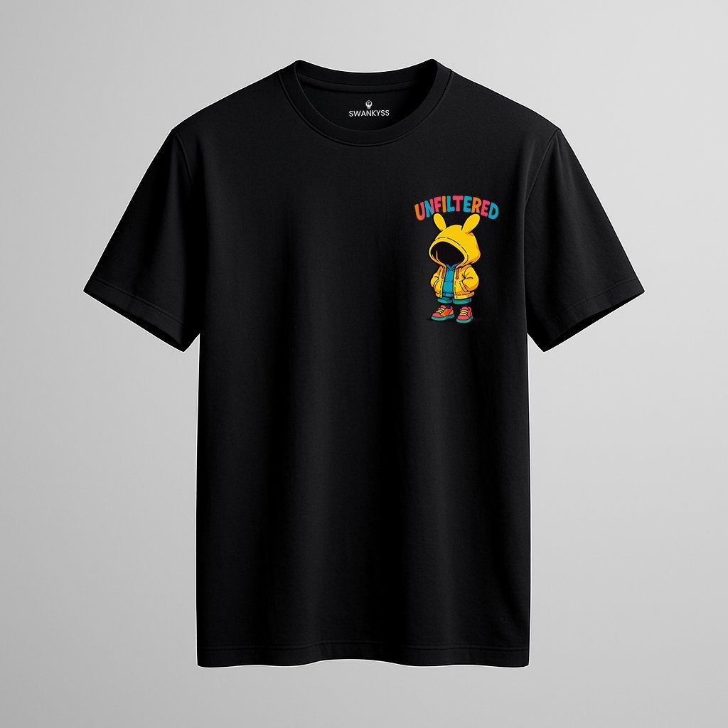 optimized_unfiltered_tshirt_image Black t-shirt with colorful “UNFILTERED” text and cartoon hoodie character with bunny ears – bold urban streetwear design by Swankyss front view
