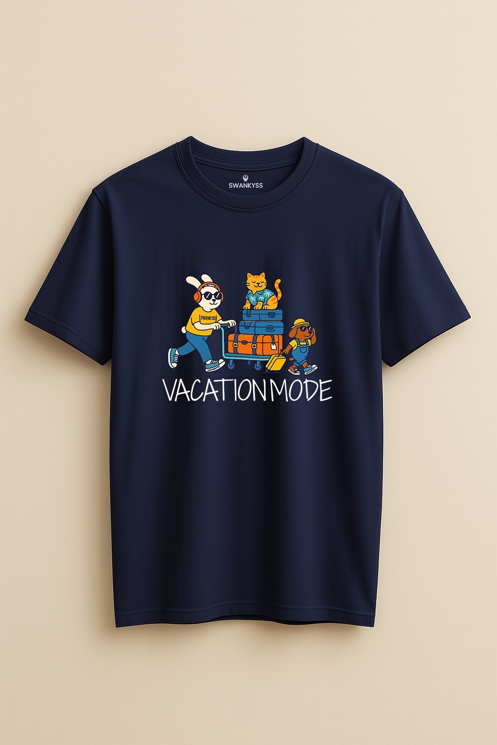 optimized_vacation_mode_tshirt_image Navy blue t-shirt with “Vacation Mode” text and cartoon bunny, cat, and dog carrying luggage – playful travel-themed unisex design by Swankyss front view