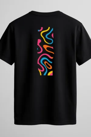 Unisex black cotton T-shirt with a centered colorful abstract wavy line pattern in a square format, short sleeves and round neck, minimal and modern graphic design back view