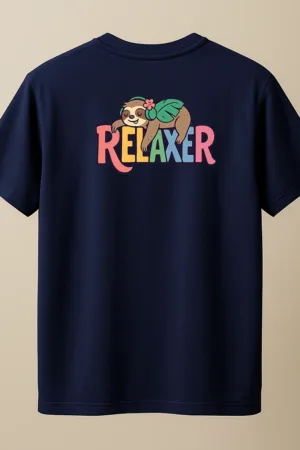 Navy blue t-shirt featuring a relaxed cartoon sloth lying over multicolor rainbow text that says “Relaxer” – cozy unisex design by Swankyss back view