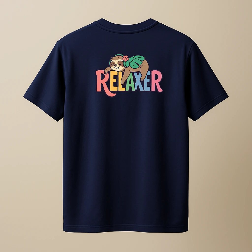 relaxer-sloth-rainbow-pastel-text-navy_blue-tshirt-center-chest-cute-chill-mockup_optimized Navy blue t-shirt featuring a relaxed cartoon sloth lying over multicolor rainbow text that says “Relaxer” – cozy unisex design by Swankyss back view