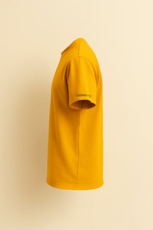 Mustard yellow t-shirt with abstract earth-tone art print featuring geometric shapes and natural elements, unisex fit right side view