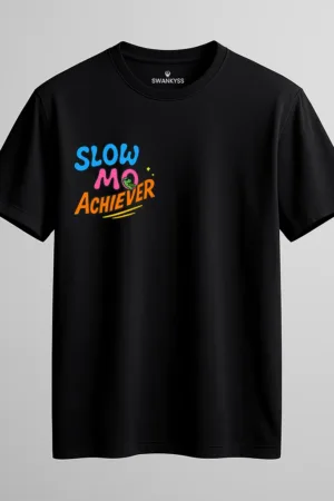 Black unisex t-shirt with a colorful “Slow Mo Achiever” text design and a cute sloth peeking from the letter O – funny neon motivational shirt by Swankyss front view