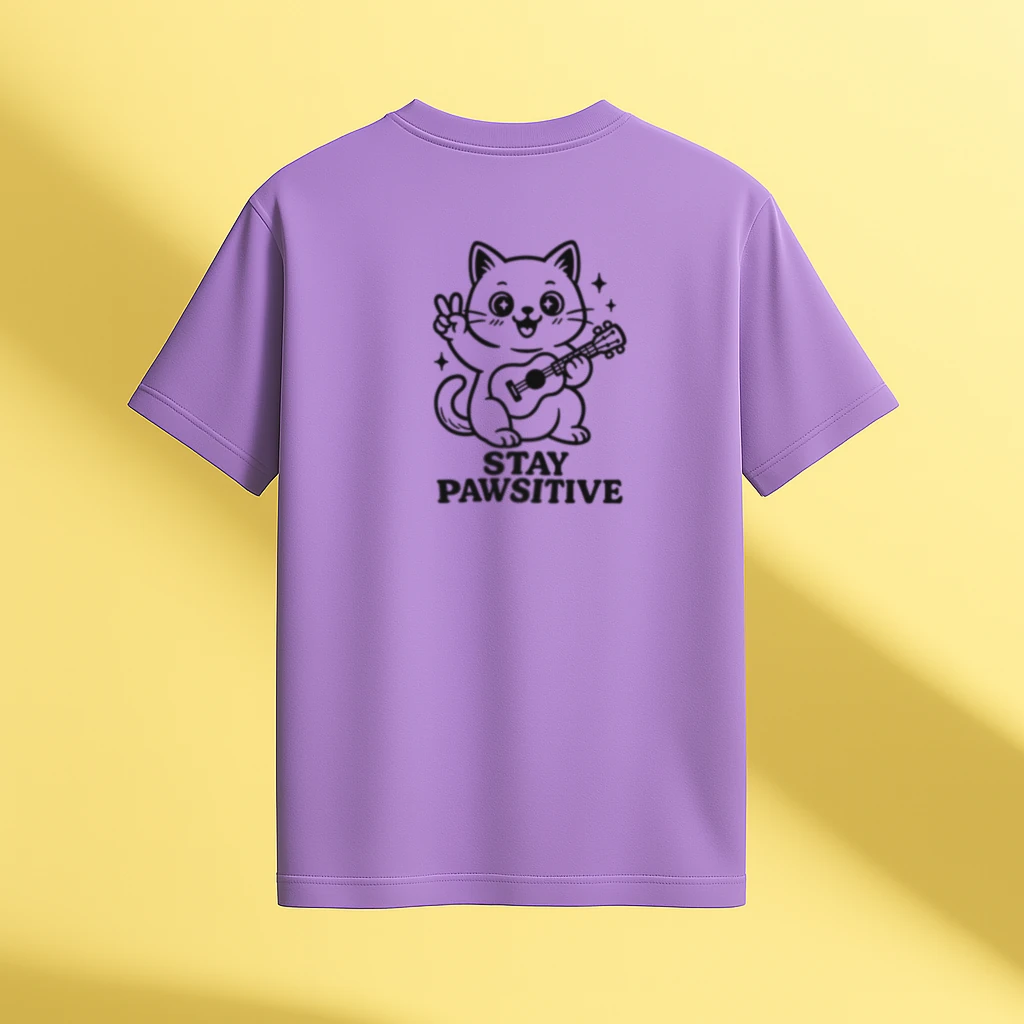 stay-pawsitive-cute-cat-guitar-right-sleeve-mustard-yellow-tshirt-design_optimized Lavender t-shirt with black line art of a smiling cartoon cat playing a ukulele with the message “Stay Pawsitive” – positive and cute animal tee by Swankyss back view