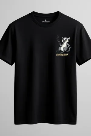 Black unisex cotton t-shirt with cartoon lemur smoking and the text “Sutta Break” – streetwear vibe graphic tee by Swankyss for chill desi humor front view