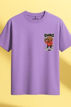 Lavender unisex t-shirt featuring a cartoon dog in a red hoodie giving the peace sign with the text “SWAG” – funky graphic tee by Swankyss front view