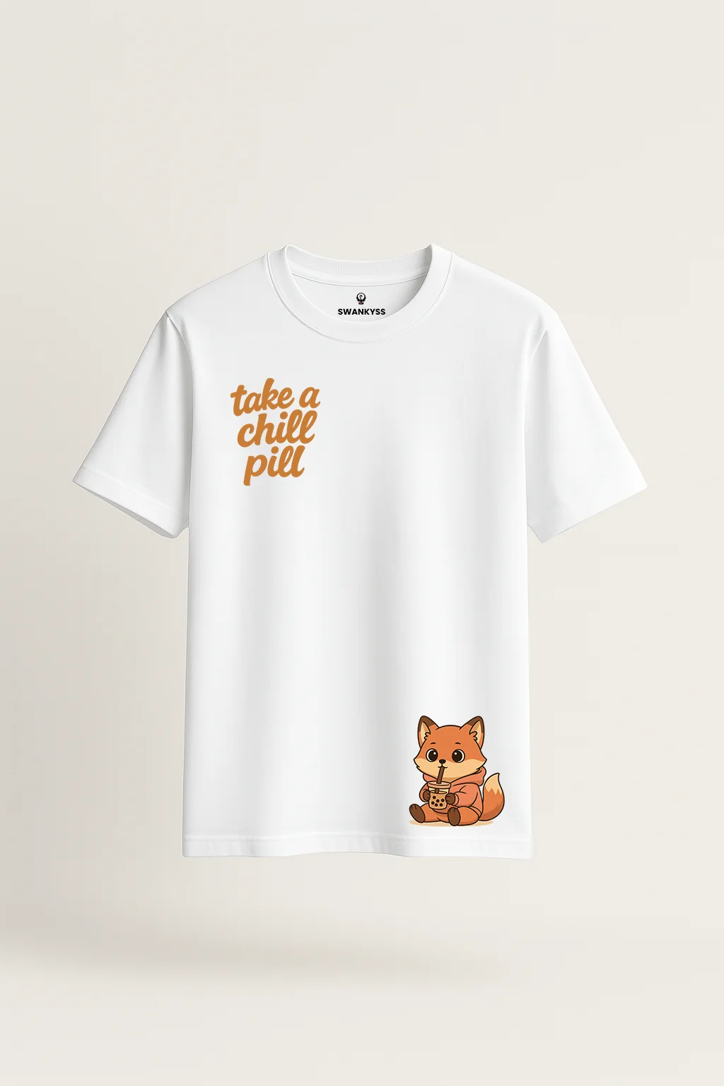 take_a_chill_pill_tshirt_under_1000kb White unisex t-shirt with “Take a Chill Pill” text and a cute cartoon fox drinking bubble tea – cozy aesthetic design by Swankyss front view