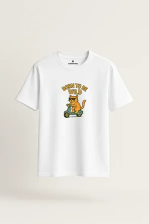 White unisex t-shirt with a graphic of an orange cat wearing sunglasses riding a green scooter, with the quote "Born to Be Wild" above it front view