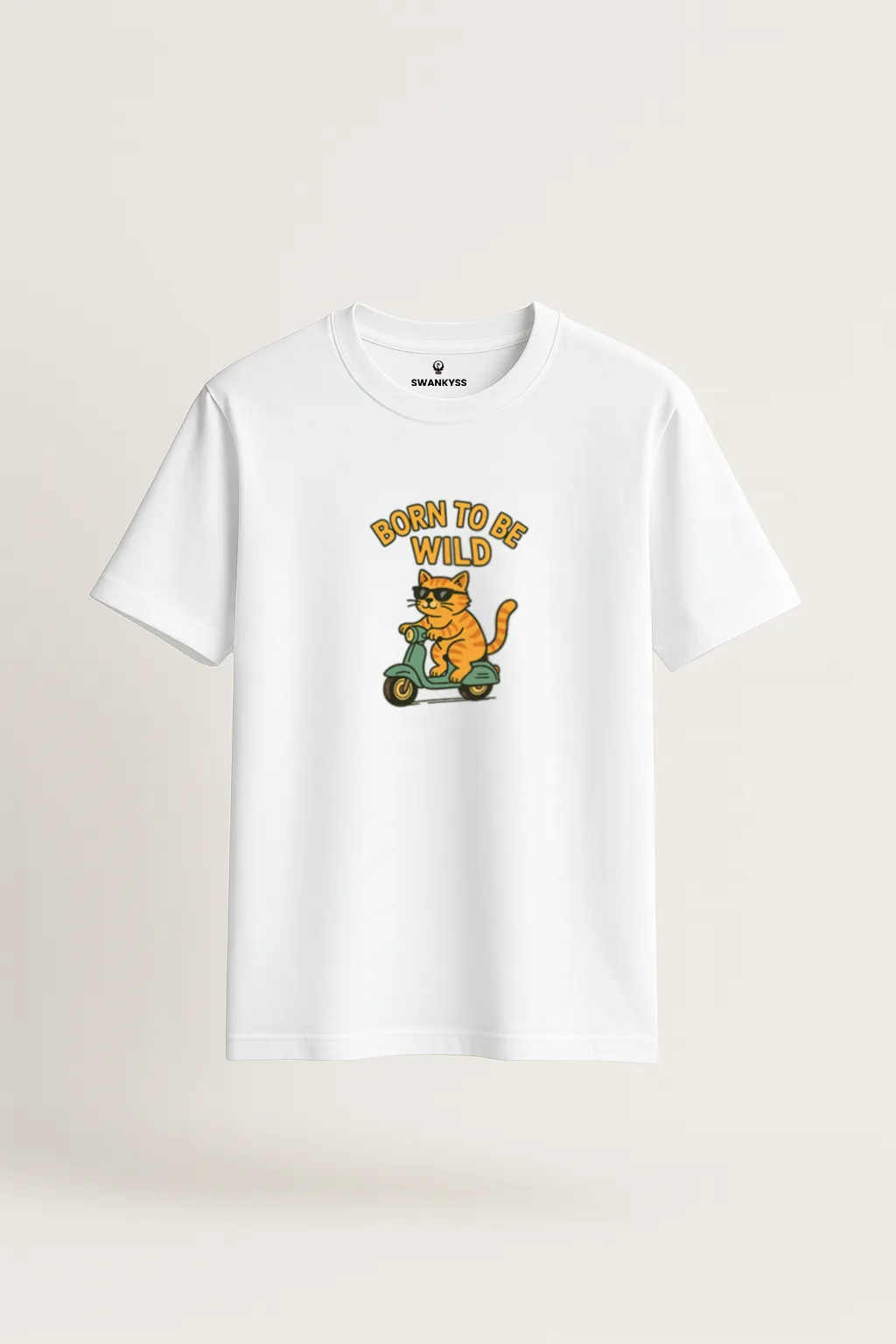 tshirt_born_to_be_wild_under_1000kb White unisex t-shirt with a graphic of an orange cat wearing sunglasses riding a green scooter, with the quote "Born to Be Wild" above it front view