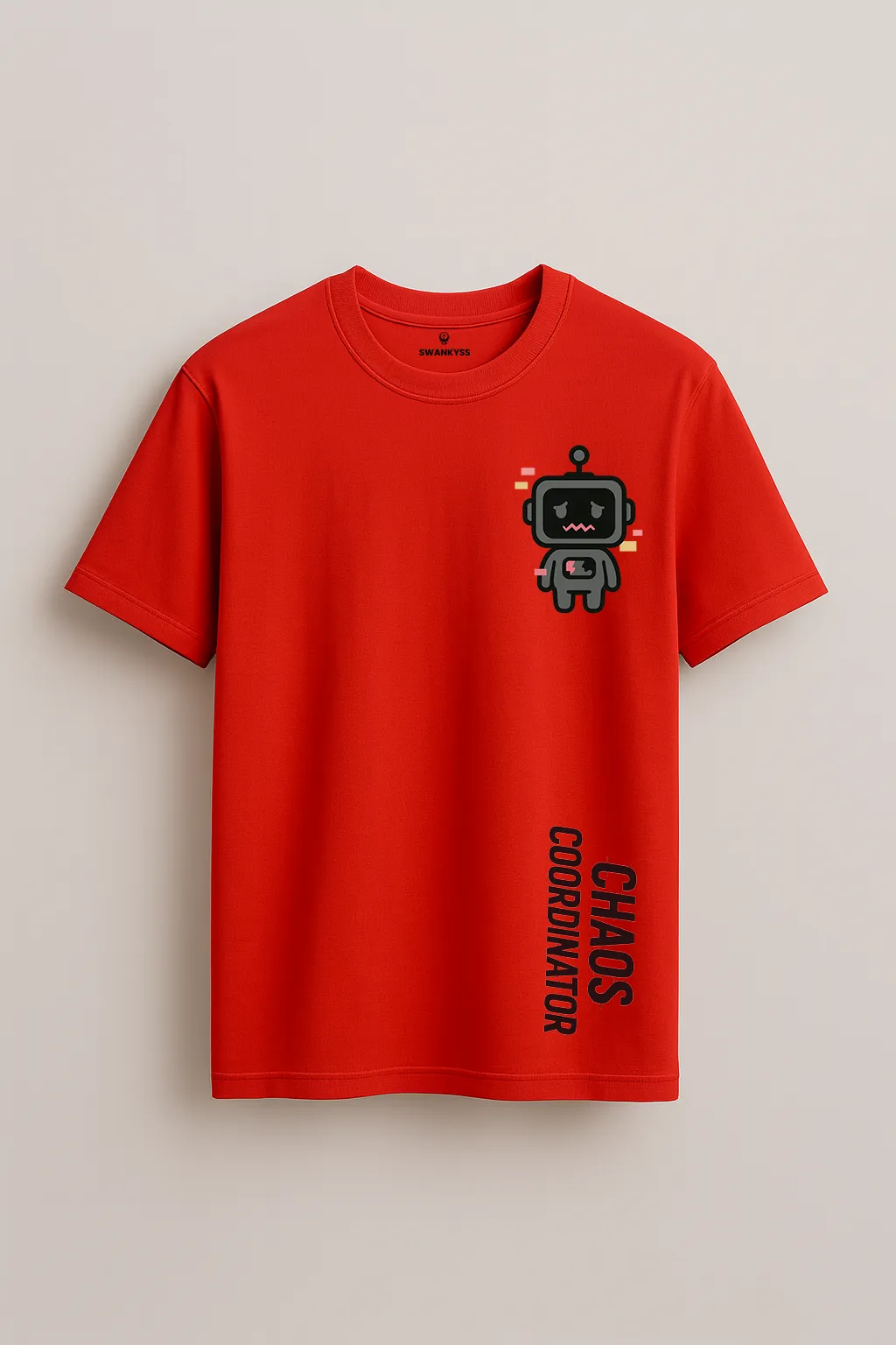 tshirt_chaos_coordinator_under_1000kb Red unisex t-shirt featuring a sad glitch-style robot graphic with the text "CHAOS COORDINATOR" printed vertically at the bottom front view