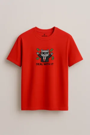 Red unisex t-shirt featuring a cartoon cat in sunglasses throwing money with the phrase “Deal With It” – bold meme-inspired graphic front view