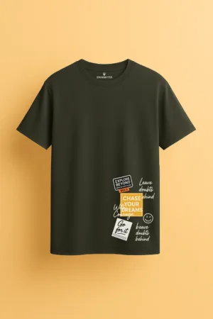unisex t-shirt featuring multiple motivational quote graphics like “Chase Your Dreams,” “Explore Beyond,” and “Leave Doubts Behind” in a collage layout.