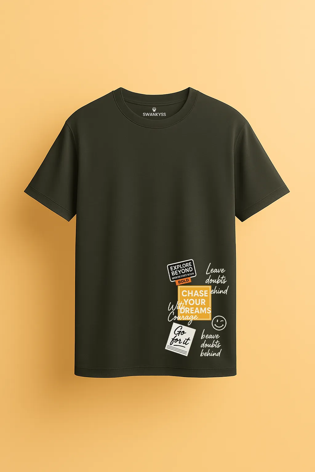 tshirt_dreams_under_1000kb unisex t-shirt featuring multiple motivational quote graphics like “Chase Your Dreams,” “Explore Beyond,” and “Leave Doubts Behind” in a collage layout.