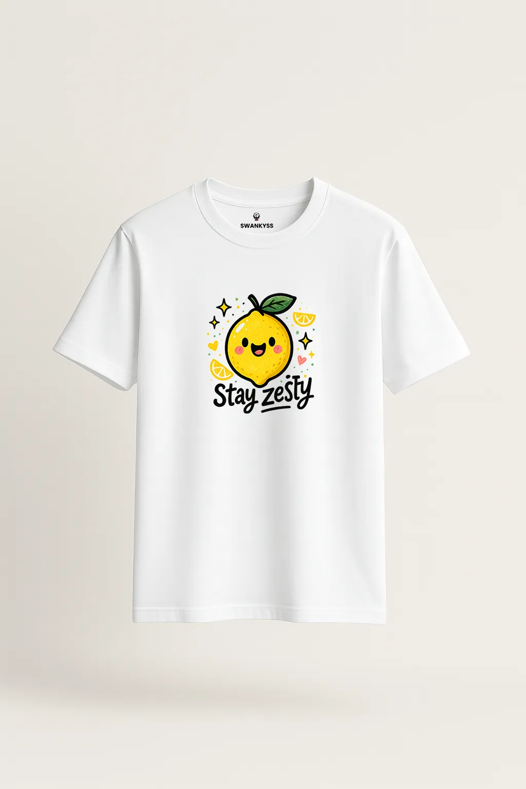 tshirt_stay_zesty_under_1000kb White unisex t-shirt featuring a cute cartoon lemon with sparkles, lemon slices, and the text “Stay Zesty” in playful typography front view