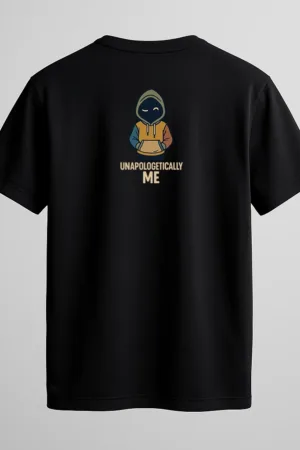 Black t-shirt with a cartoon character in a color-blocked hoodie and the words “Unapologetically Me” underneath – self-expression streetwear by Swankyss back view