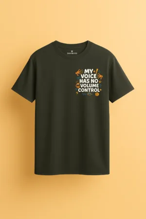 unisex t-shirt with the phrase “My Voice Has No Volume Control” surrounded by colorful icons like megaphones, exclamation marks, and sound waves.