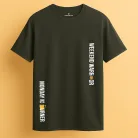 unisex t-shirt with vertical text “Monday Mourner” and coffee cup graphic on one side, and “Weekend Warrior” with a beer mug on the other front view