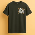 unisex t-shirt with the phrase “My Voice Has No Volume Control” surrounded by colorful icons like megaphones, exclamation marks, and sound waves.